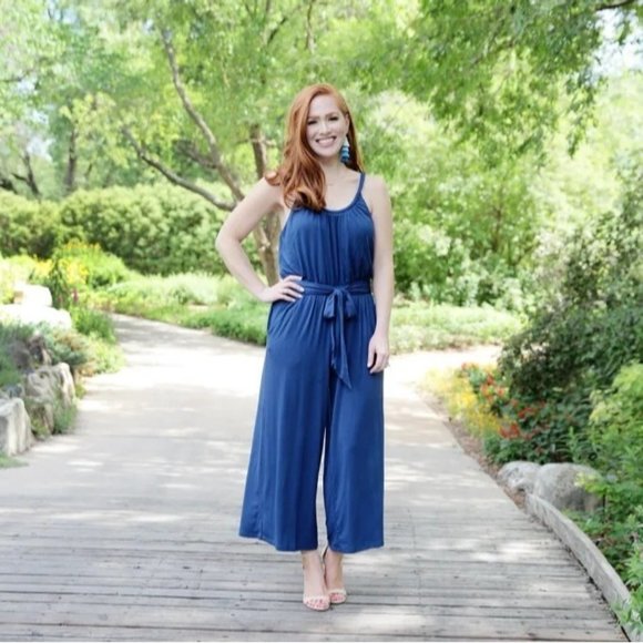 LOFT Jumpsuit S Blue Flowy Tie Waist Blue Jumpsuit Relaxed Soft Summer NEW - Picture 3 of 11